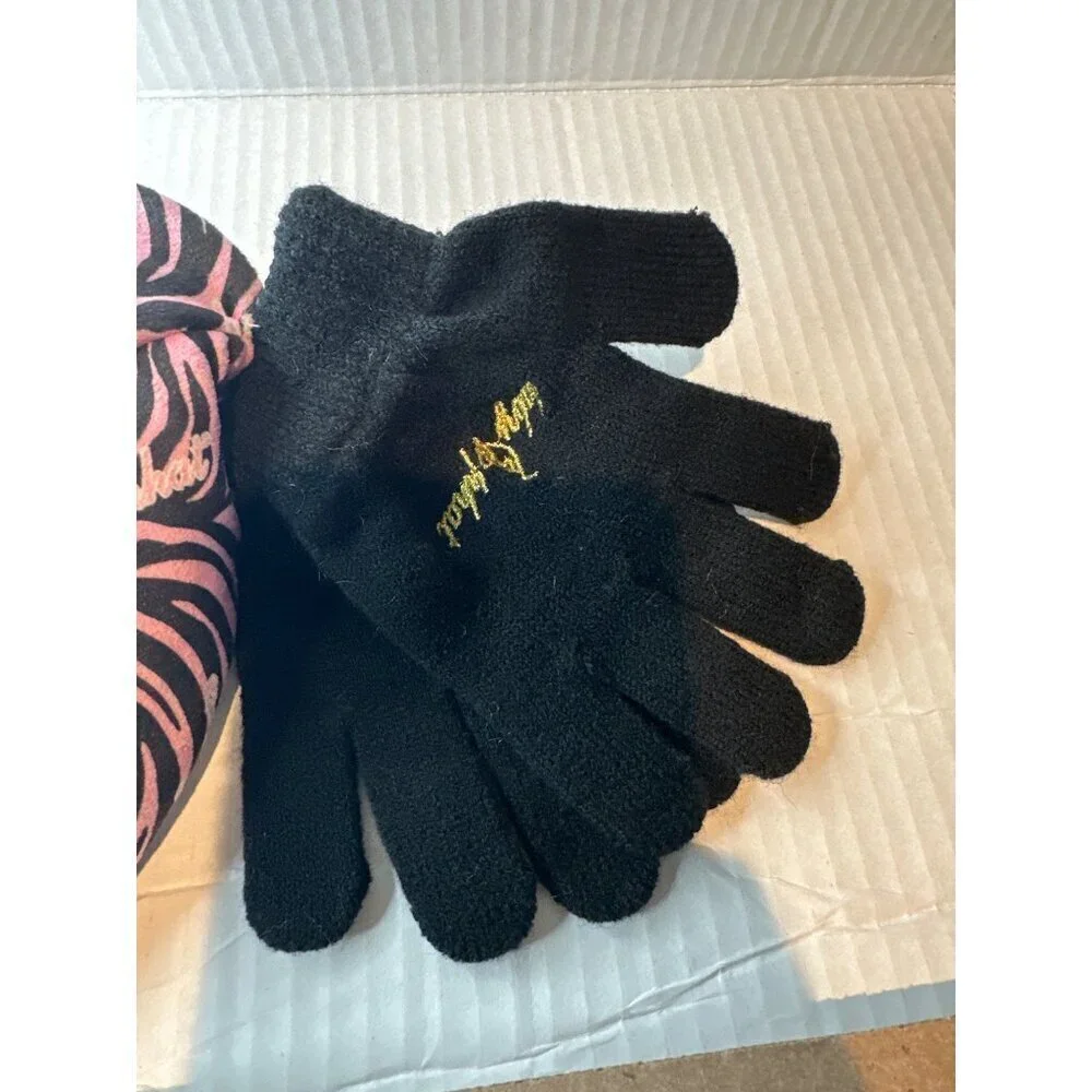 Baby Phat Girls’ Winter Hat & Gloves Set Pink Black Gold Logo Y2K Streetwear NWT